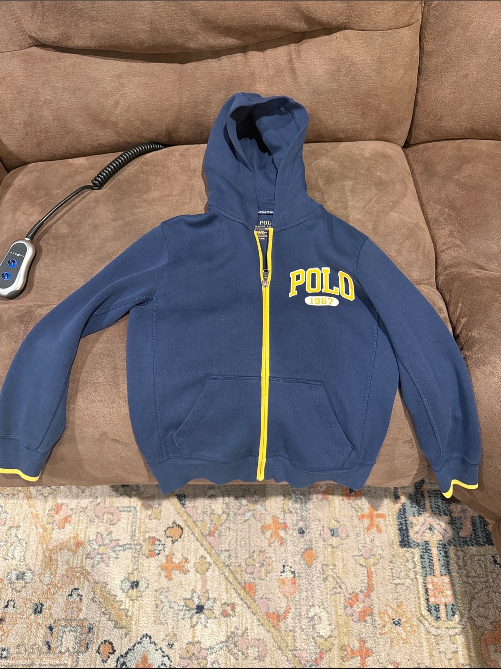 Polo by Ralph Lauren Navy Hoodie with Yellow Zip and Logo